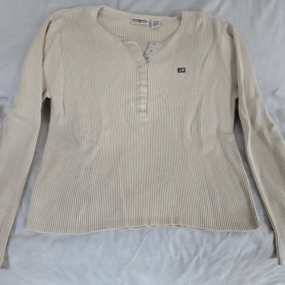 Polo by Ralph Lauren Cream Ribbed Henley Long Sleeve Top